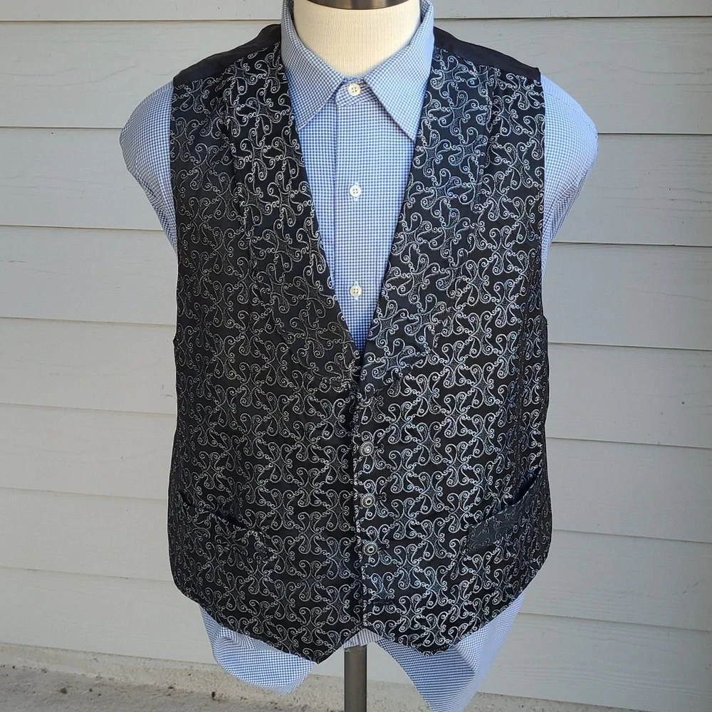 WAH MAKER Black Silver Abstract Cotton Blend Western USA Mens Full Button Vest L